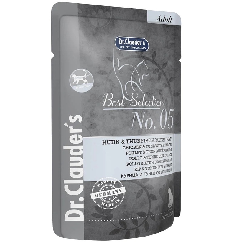 Dr.Clauder's Best Selection №5 Adult Chicken&Tuna With Spinach /Пълноценна Храна За Израснали Котки С Пилешко Месо Риба Тон И Спанак/-85гр Dr.Clauder's Best Selection №5 Adult Chicken&Tuna With Spinach /Пълноценна Храна За Израснали Котки С Пилешко Месо Риба Тон И Спанак/-85гр