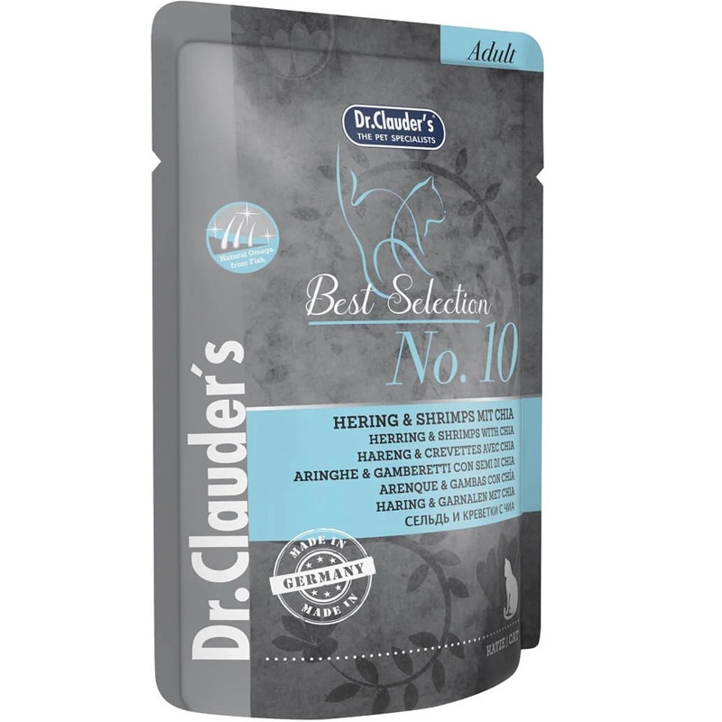 Dr.Clauder's Best Selection №10 Adult Herring&Shrimps With Chia /Пълноценна Храна За Израснали Котки С Херинга Скариди И Чия/-85гр Dr.Clauder's Best Selection №10 Adult Herring&Shrimps With Chia /Пълноценна Храна За Израснали Котки С Херинга Скариди И Чия/-85гр