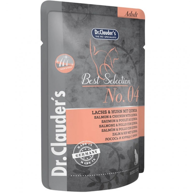 Dr.Clauder's Best Selection №4 Adult Salmon&Chicken With Quinoa /Пълноценна Храна За Израснали Котки Със Сьомга Пилешко Месо И Киноа/-85гр Dr.Clauder's Best Selection №4 Adult Salmon&Chicken With Quinoa /Пълноценна Храна За Израснали Котки Със Сьомга Пилешко Месо И Киноа/-85гр