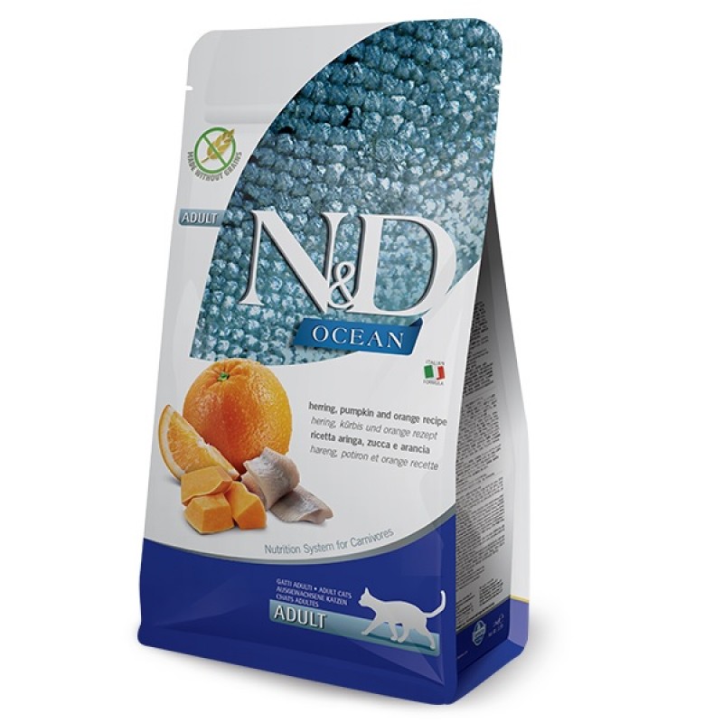 N&D Ocean Feline Adult Herring Pumpkin&Orange /Пълноценна Храна За Израснали Котки С Херинга Тиква И Портокал/-300гр N&D Ocean Feline Adult Herring Pumpkin&Orange /Пълноценна Храна За Израснали Котки С Херинга Тиква И Портокал/-300гр