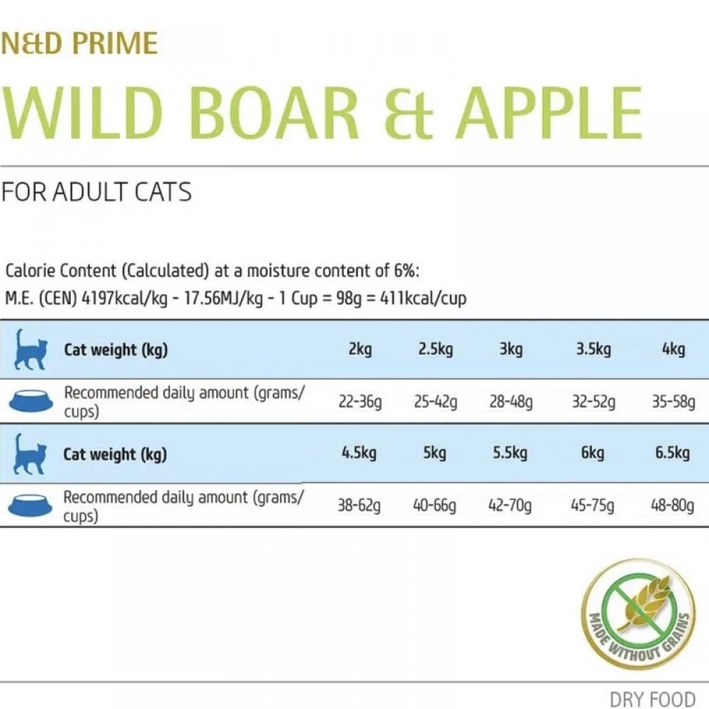 N&D Prime Feline Adult Wild Boar&Apple /Пълноценна Храна За Израснали Котки С Месо От Глиган И Ябълки/-1,5кг N&D Prime Feline Adult Wild Boar&Apple /Пълноценна Храна За Израснали Котки С Месо От Глиган И Ябълки/-1,5кг