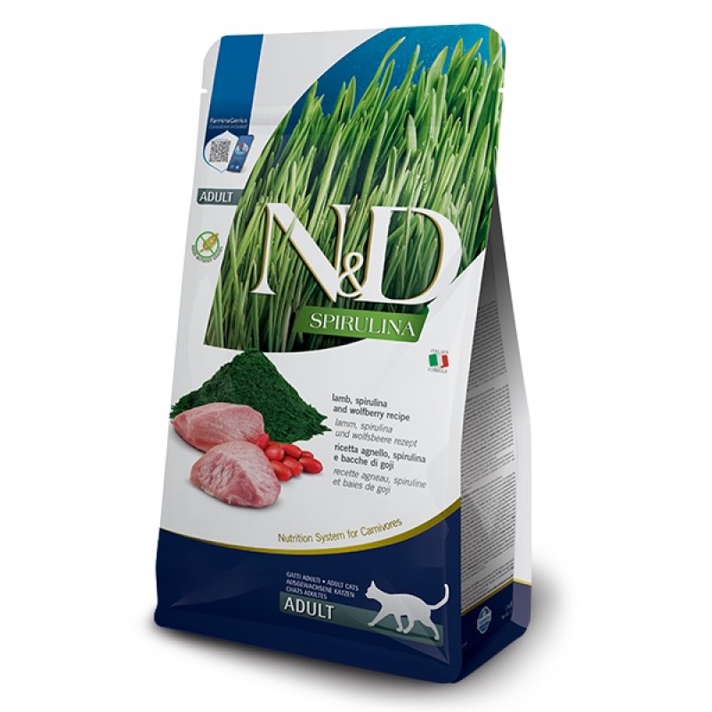 N&D Spirulina Feline Adult Lamb Spirulina&Wolfberry /Пълноценна Храна За Израснали Котки С Агнешко Месо Спирулина И Годжи Бери/-1,5кг