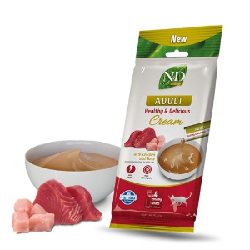 N&D Prime Feline Adult Healthy&Delicious Cream With Chicken&Tuna /Кремообразни Лакомства За Израснали Котки С Пилешко Месо И Риба Тон/-4х15гр