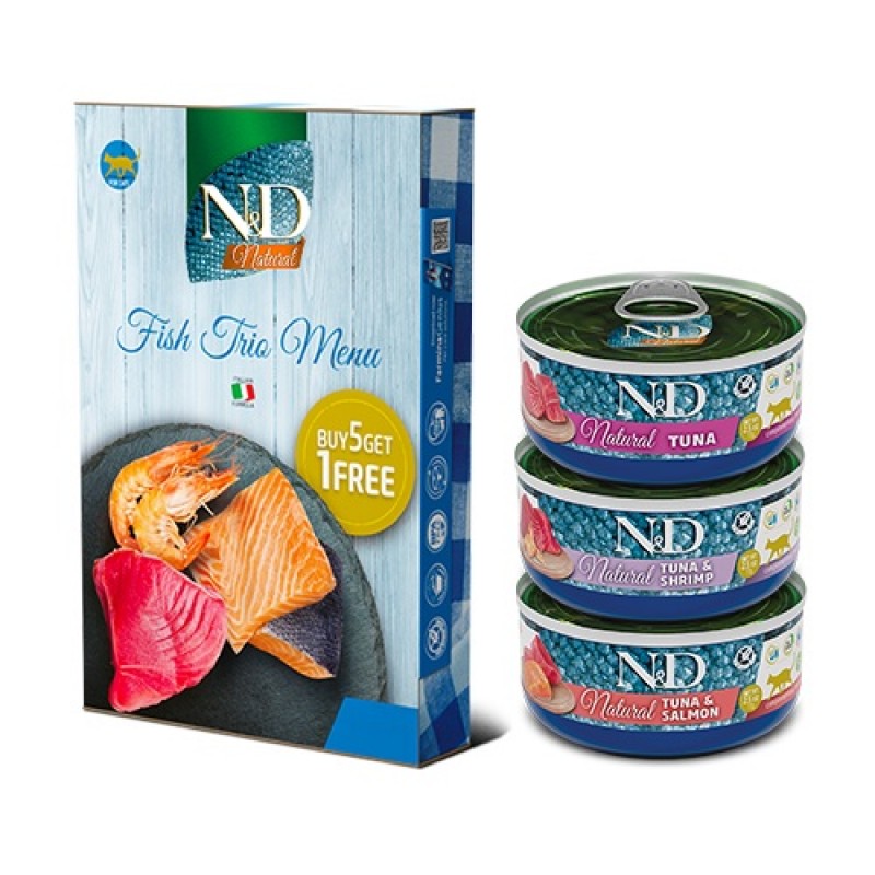 N&D Natural Feline Adult Fish Trio Menu Wet Food /Деликатесна Храна За Израснали Котки С Риба Тон Риба Тон И Сьомга И Риба Тон И Скариди/-6х70гр N&D Natural Feline Adult Fish Trio Menu Wet Food /Деликатесна Храна За Израснали Котки С Риба Тон Риба Тон И Сьомга И Риба Тон И Скариди/-6х70гр