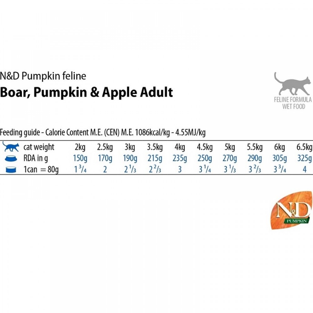 N&D Pumpkin Feline Adult Boar Pumpkin&Apple Wet Food /Пълноценна Храна За Израснали Котки С Глиганско Месо Тиква И Ябълка/-70гр N&D Pumpkin Feline Adult Boar Pumpkin&Apple Wet Food /Пълноценна Храна За Израснали Котки С Глиганско Месо Тиква И Ябълка/-70гр