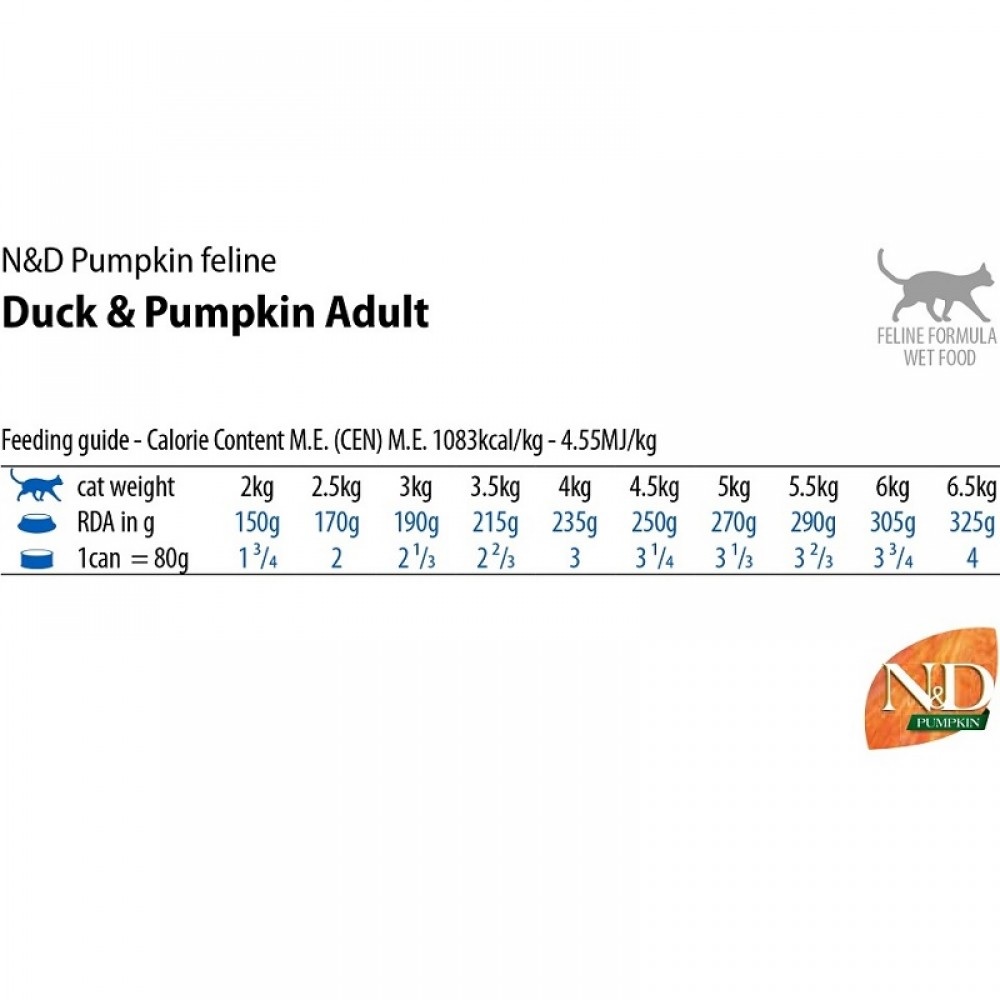 N&D Pumpkin Feline Adult Duck&Pumpkin Wet Food /Пълноценна Храна За Израснали Котки С Патешко Месо И Тиква/-70гр