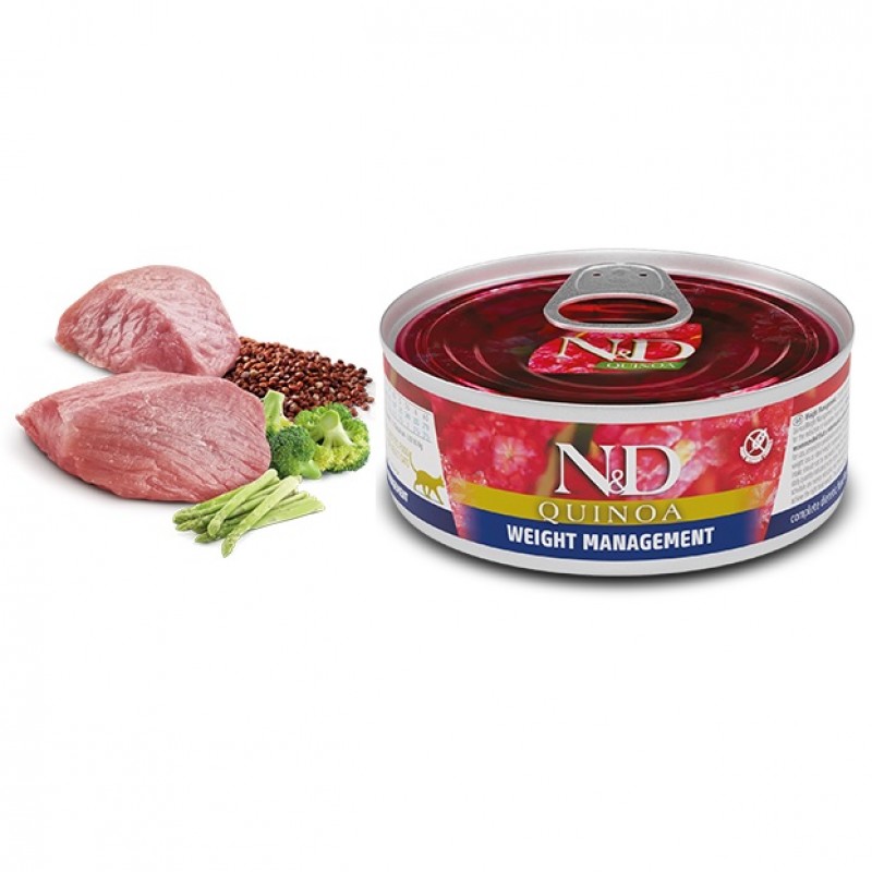 N&D Quinoa Feline Adult Weight Management Lamb Wet Food /Пълноценна Храна За Израснали Котки Склонни Към Напълняване С Агнешко Месо И Киноа/-80гр N&D Quinoa Feline Adult Weight Management Lamb Wet Food /Пълноценна Храна За Израснали Котки Склонни Към Напълняване С Агнешко Месо И Киноа/-80гр