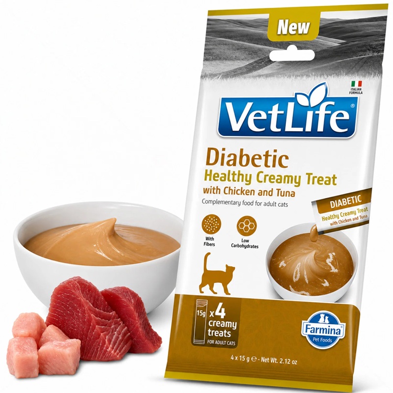 Farmina Vet Life Feline Diabetic Healthy Creamy Treat With Chicken&Tuna /Кремообразни Лакомства За Котки Страдащи От Диабет С Пилешко Месо И Риба Тон/-4х15гр Farmina Vet Life Feline Diabetic Healthy Creamy Treat With Chicken&Tuna /Кремообразни Лакомства За Котки Страдащи От Диабет С Пилешко Месо И Риба Тон/-4х15гр