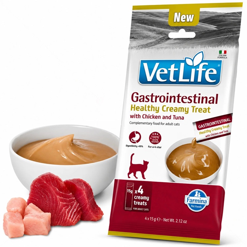 Farmina Vet Life Feline Gastrointestinal Healthy Creamy Treat With Chicken&Tuna /Кремообразни Лакомства За Котки При Остри Стомашно-Чревни Нарушения С Пилешко Месо И Риба Тон/-4х15гр Farmina Vet Life Feline Gastrointestinal Healthy Creamy Treat With Chicken&Tuna /Кремообразни Лакомства За Котки При Остри Стомашно-Чревни Нарушения С Пилешко Месо И Риба Тон/-4х15гр