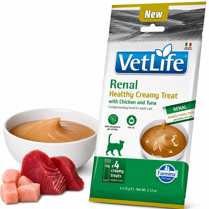 Farmina Vet Life Feline Renal Healthy Creamy Treat With Chicken&Tuna /Кремообразни Лакомства За Котки С Бъбречна Недостатъчност С Пилешко Месо И Риба Тон/-4х15гр Farmina Vet Life Feline Renal Healthy Creamy Treat With Chicken&Tuna /Кремообразни Лакомства За Котки С Бъбречна Недостатъчност С Пилешко Месо И Риба Тон/-4х15гр