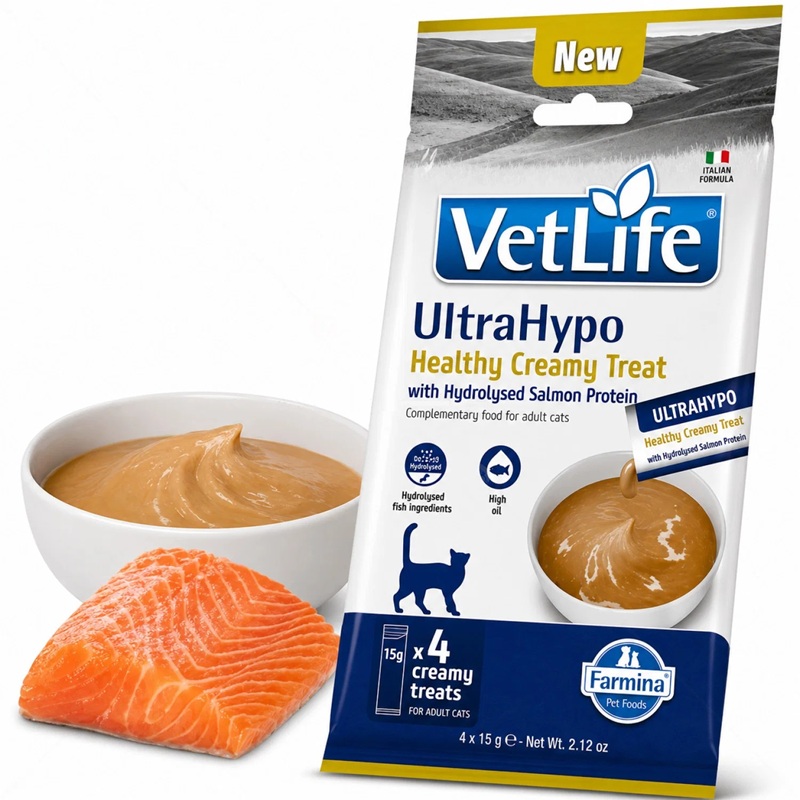 Farmina Vet Life Feline UltraHypo Healthy Creamy Treat With Hydrolysed Salmon Protein /Кремообразни Лакомства За Котки С Хранителни Алергии С Хидролизиран Протеин От Сьомга/-4х15гр Farmina Vet Life Feline UltraHypo Healthy Creamy Treat With Hydrolysed Salmon Protein /Кремообразни Лакомства За Котки С Хранителни Алергии С Хидролизиран Протеин От Сьомга/-4х15гр