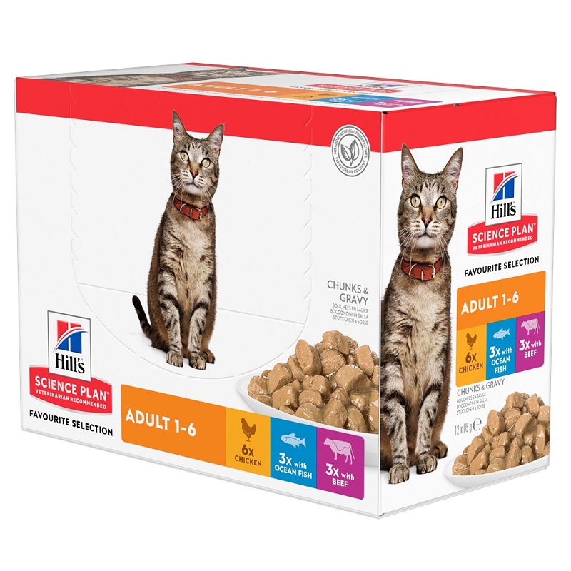 Hill's Science Plan Feline Adult Chunks In Gravy Pouches FAVOURITE SELECTION /Пълноценна Храна За Израснали Котки Различни Видове/-12x85гр Hill's Science Plan Feline Adult Chunks In Gravy Pouches FAVOURITE SELECTION /Пълноценна Храна За Израснали Котки Различни Видове/-12x85гр