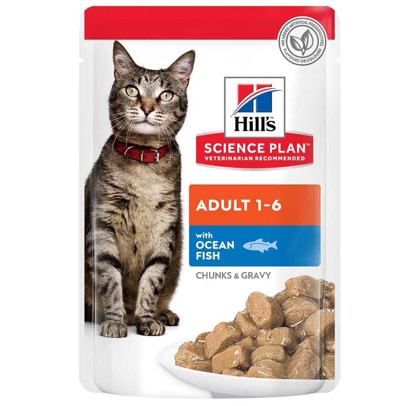 Hill's Science Plan Feline Adult Chunks In Gravy Pouches With Ocean Fish /Пълноценна Храна За Израснали Котки С Океанска Риба/-12x85гр