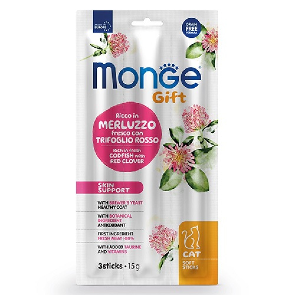 Monge Gift Soft Sticks Adult Cat Skin Support Codfish With Red Clover /Лакомства За Израснали Котки За Красива Козина С Треска И Червена Детелина/-3бр