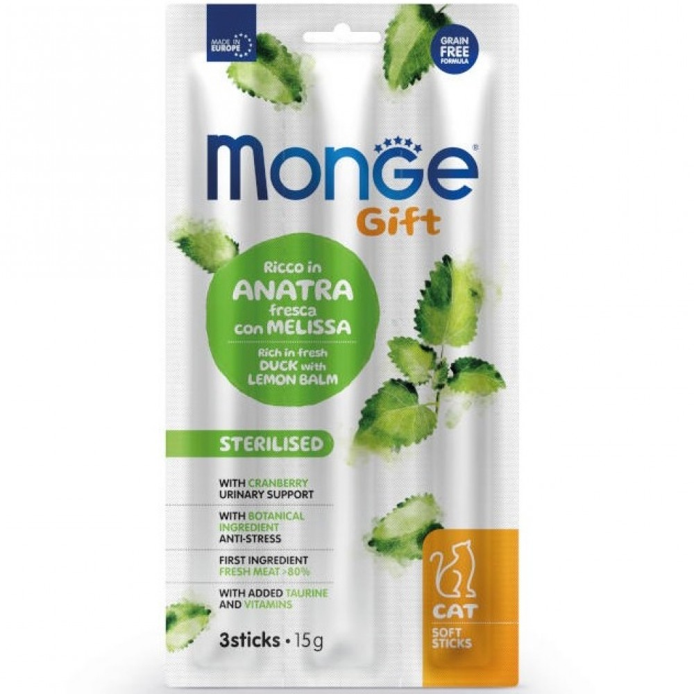 Monge Gift Soft Sticks Adult Cat Sterilised Duck With Lemon Balm&Cranberries /Лакомства За Израснали Кастрирани Котки С Патешко Месо Маточина И Червени Боровинки/-3бр Monge Gift Soft Sticks Adult Cat Sterilised Duck With Lemon Balm&Cranberries /Лакомства За Израснали Кастрирани Котки С Патешко Месо Маточина И Червени Боровинки/-3бр