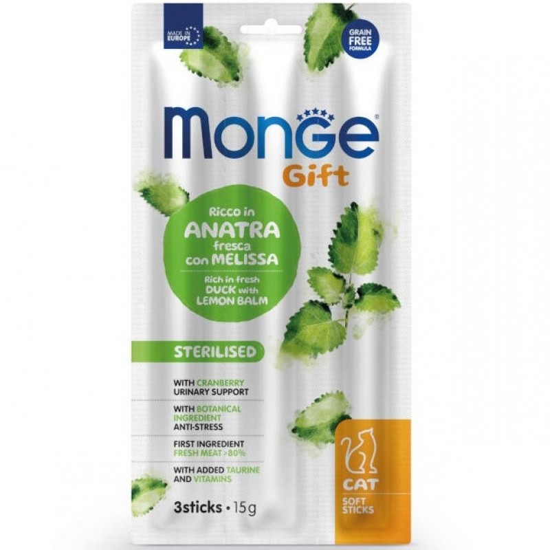 Monge Gift Soft Sticks Adult Cat Sterilised Duck With Lemon Balm&Cranberries /Лакомства За Израснали Кастрирани Котки С Патешко Месо Маточина И Червени Боровинки/-3бр Monge Gift Soft Sticks Adult Cat Sterilised Duck With Lemon Balm&Cranberries /Лакомства За Израснали Кастрирани Котки С Патешко Месо Маточина И Червени Боровинки/-3бр