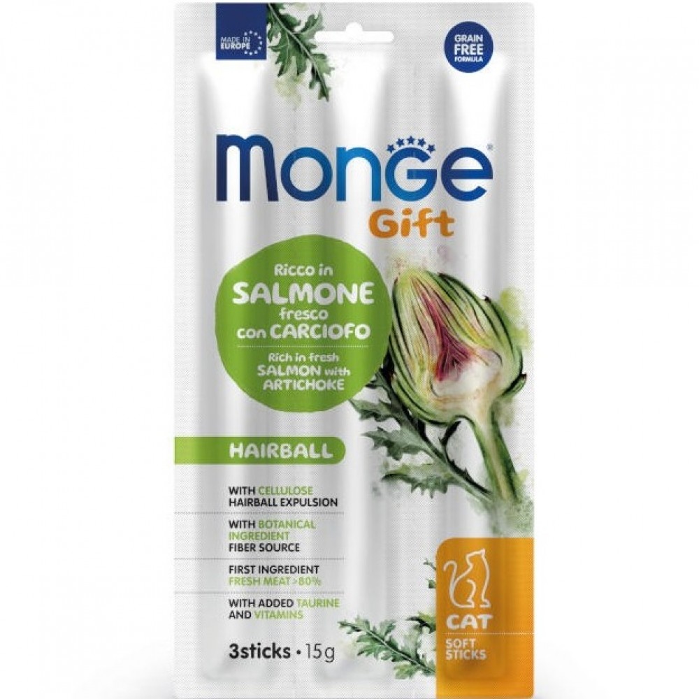 Monge Gift Soft Sticks Cat Hairball Salmon With Artichoke /Лакомства За Израснали Котки За Естествено Отделяне На Космените Топки Със Сьомга И Артишок/-3бр Monge Gift Soft Sticks Cat Hairball Salmon With Artichoke /Лакомства За Израснали Котки За Естествено Отделяне На Космените Топки Със Сьомга И Артишок/-3бр