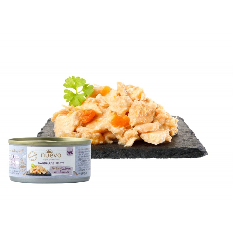 Nuevo Handmade Filets Salmon With Carrots /Храна За Котки С Филенца От Сьомга И Моркови В Собствен Сос/-70гр Nuevo Handmade Filets Salmon With Carrots /Храна За Котки С Филенца От Сьомга И Моркови В Собствен Сос/-70гр