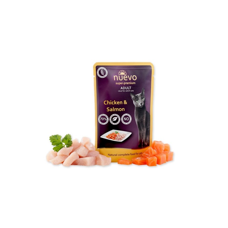 Nuevo Pouch Adult Chicken&Salmon /Храна За Израснали Котки С Пилешко Месо И Сьомга/-85гр Nuevo Pouch Adult Chicken&Salmon /Храна За Израснали Котки С Пилешко Месо И Сьомга/-85гр