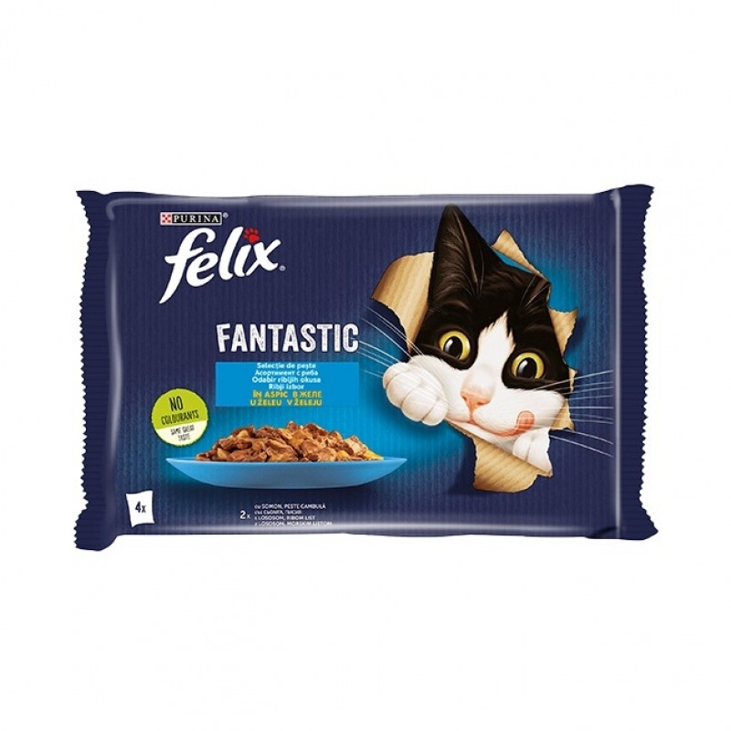 Felix Fantastic Adult Fish Selection In Jelly /Храна За Израснали Котки С Писия И Сьомга В Желе/-4х85гр