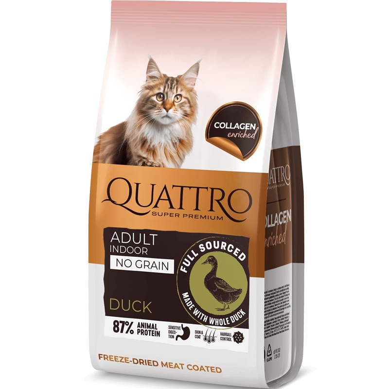 Quattro Cat Collagen Adult Indoors Duck /Пълноценна Храна За Израснали Котки Живеещи В Затворени Помещения С Патешко Месо/-7кг