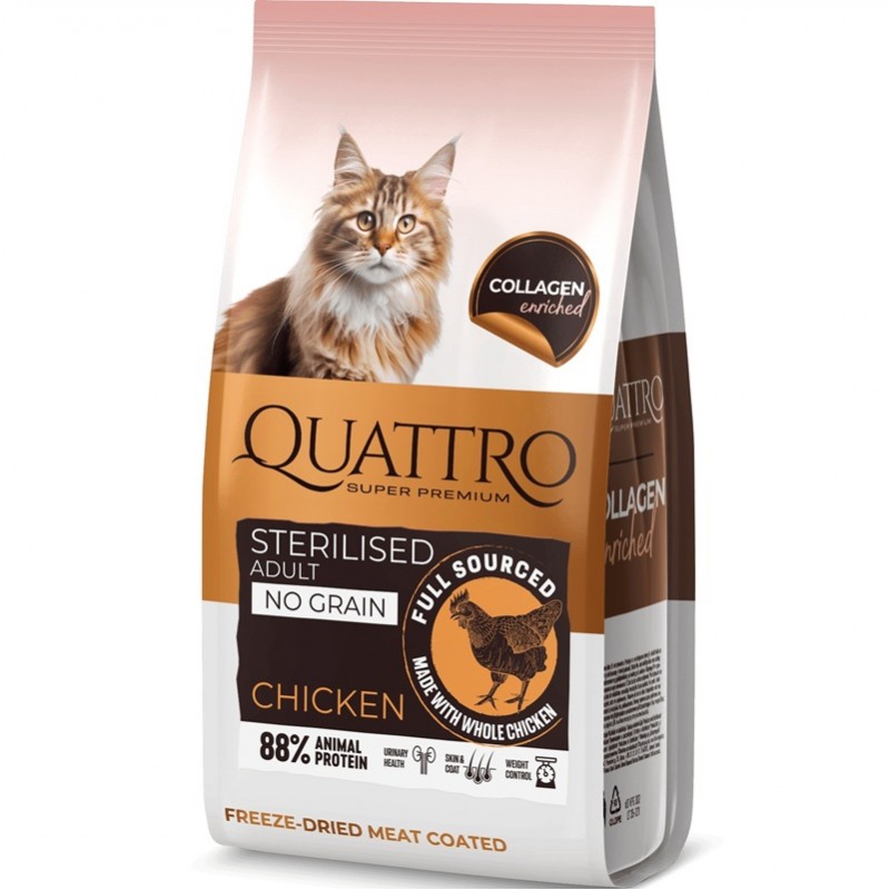 Quattro Cat Collagen Adult Sterilised Chicken /Пълноценна Храна За Израснали Кастрирани Котки С Пилешко Месо/-7кг