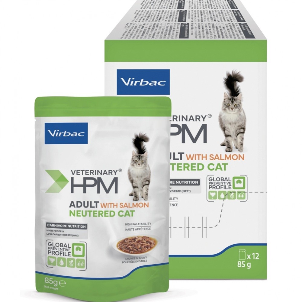 Virbac Veterinary HPM Adult Neutered Wet Food With Salmon For Neutered Cats /Пълноценна Храна За Израснали Кастрирани Котки Със Сьомга/-12х85гр