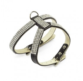Camon Leather Harness With Rhinestones Black Small /Кожен Нагръдник С Кристали/-20-24см
