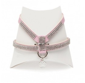Camon Leather Harness With Rhinestones Pink Large /Кожен Нагръдник С Кристали/-34-40см