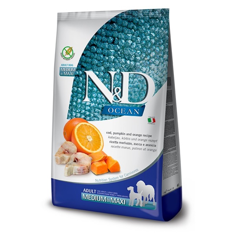 N&D Ocean Canine Adult Medium&Maxi Codfish Pumpkin&Orange /Пълноценна Храна За Израснали Кучета Средни И Едри Породи С Треска Тиква И Портокал/-2,5кг N&D Ocean Canine Adult Medium&Maxi Codfish Pumpkin&Orange /Пълноценна Храна За Израснали Кучета Средни И Едри Породи С Треска Тиква И Портокал/-2,5кг