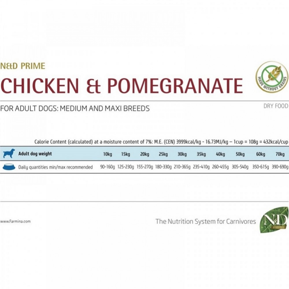 N&D Prime Canine Adult Medium&Maxi Chicken&Pomegranate /Пълноценна Храна За Израснали Кучета Средни И Едри Породи С Пилешко Месо И Нар/-2,5кг