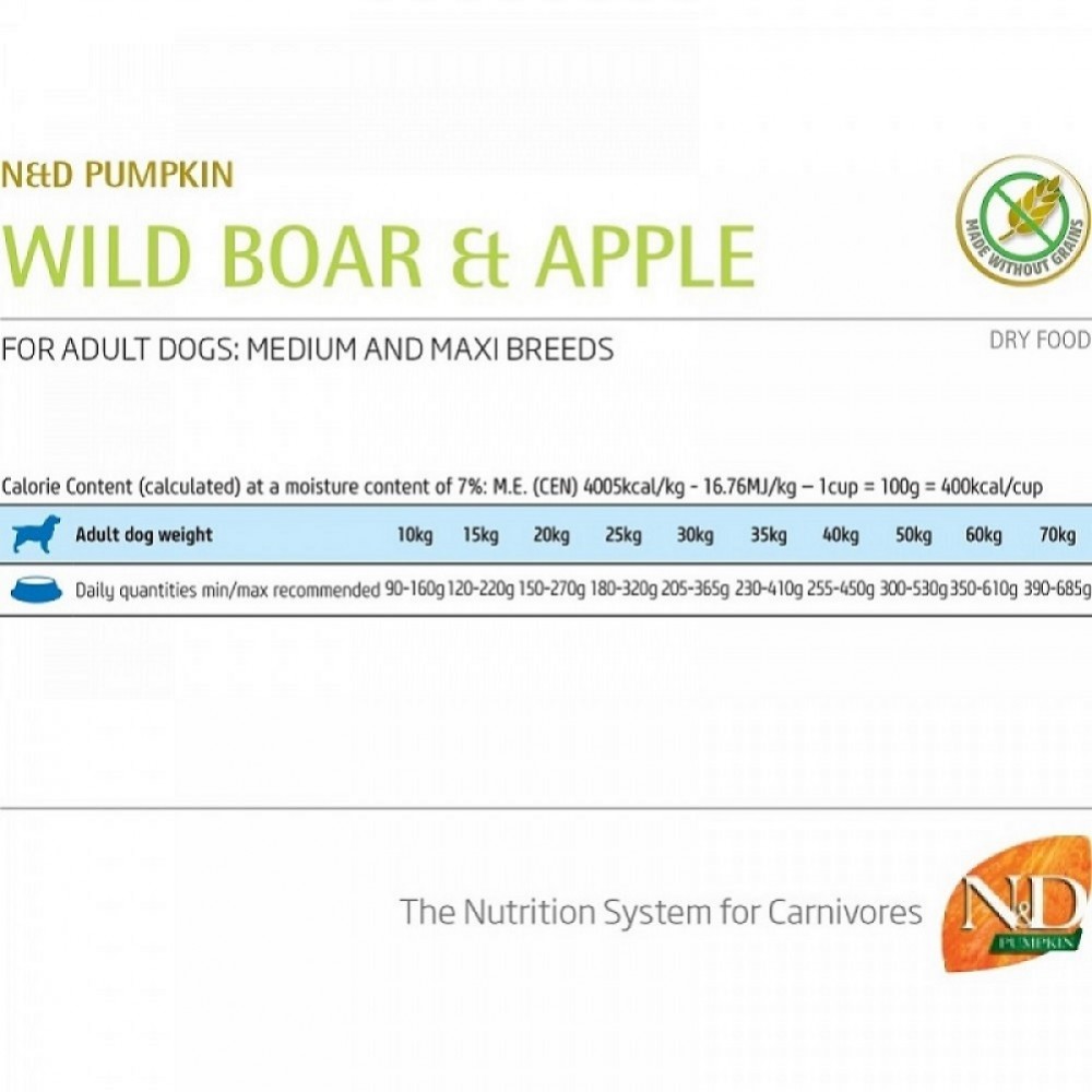 N&D Pumpkin Canine Adult Medium&Maxi Boar Pumpkin&Apple /Пълноценна Храна За Израснали Кучета Средни И Едри Породи С Месо От Глиган Тиква И Ябълка/-2,5кг N&D Pumpkin Canine Adult Medium&Maxi Boar Pumpkin&Apple /Пълноценна Храна За Израснали Кучета Средни И Едри Породи С Месо От Глиган Тиква И Ябълка/-2,5кг