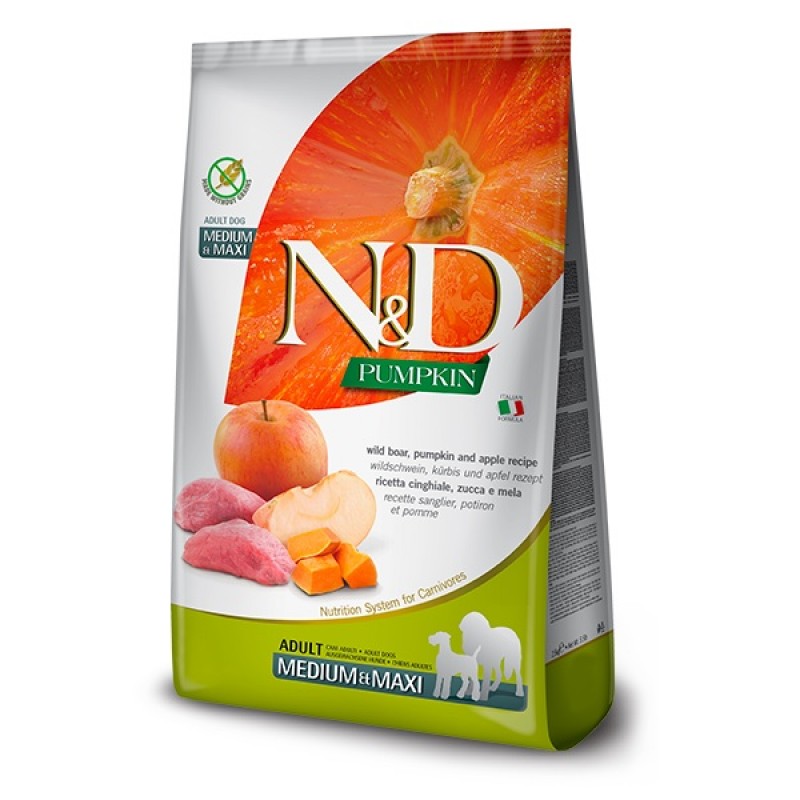 N&D Pumpkin Canine Adult Medium&Maxi Boar Pumpkin&Apple /Пълноценна Храна За Израснали Кучета Средни И Едри Породи С Месо От Глиган Тиква И Ябълка/-2,5кг N&D Pumpkin Canine Adult Medium&Maxi Boar Pumpkin&Apple /Пълноценна Храна За Израснали Кучета Средни И Едри Породи С Месо От Глиган Тиква И Ябълка/-2,5кг
