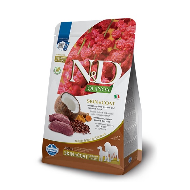 N&D Quinoa Canine Adult Medium&Maxi Skin&Coat Venison /Пълноценна Храна За Израснали Кучета Средни И Едри Породи За Красива Козина И Здрава Кожа С Еленско Месо И Киноа/-2,5кг