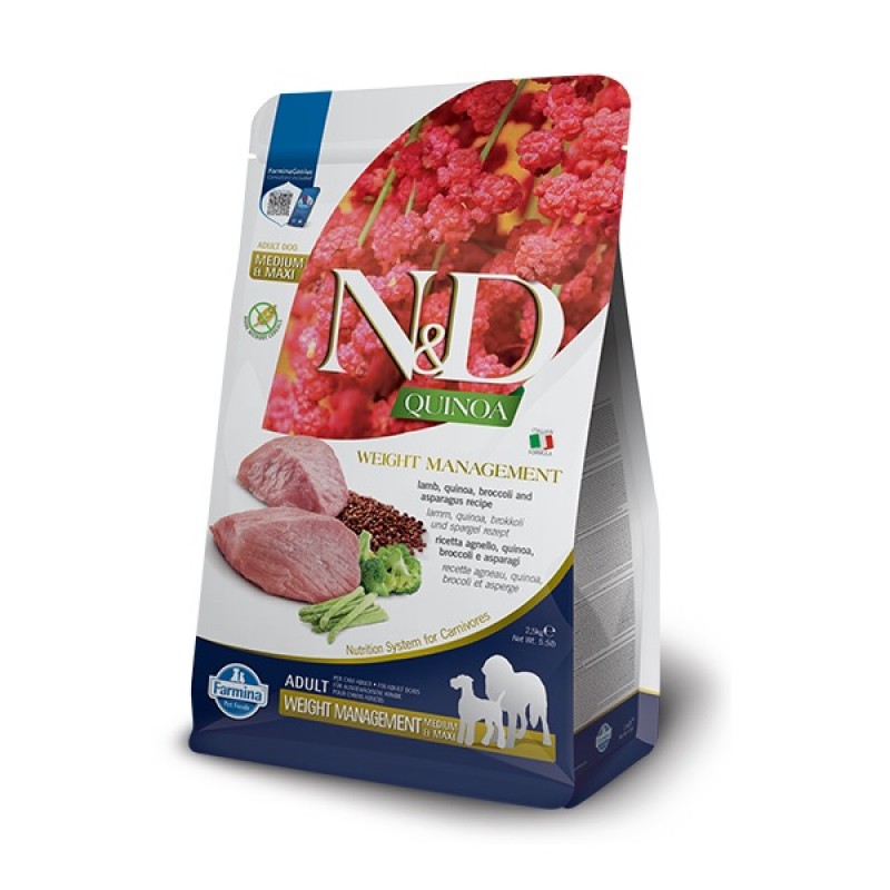 N&D Quinoa Canine Adult Medium&Maxi Weight Management Lamb /Пълноценна Храна За Израснали Кучета Средни И Едри Породи Склонни Към Напълняване С Агнешко Месо И Киноа/-2,5кг N&D Quinoa Canine Adult Medium&Maxi Weight Management Lamb /Пълноценна Храна За Израснали Кучета Средни И Едри Породи Склонни Към Напълняване С Агнешко Месо И Киноа/-2,5кг