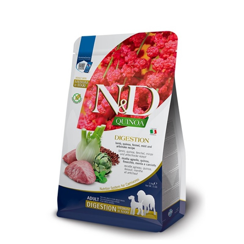 N&D Quinoa Canine Adult Medium&Maxi Digestion Lamb /Пълноценна Храна За Израснали Кучета Средни И Едри Породи С Чувствителен Стомах С Агнешко Месо И Киноа/-2,5кг N&D Quinoa Canine Adult Medium&Maxi Digestion Lamb /Пълноценна Храна За Израснали Кучета Средни И Едри Породи С Чувствителен Стомах С Агнешко Месо И Киноа/-2,5кг