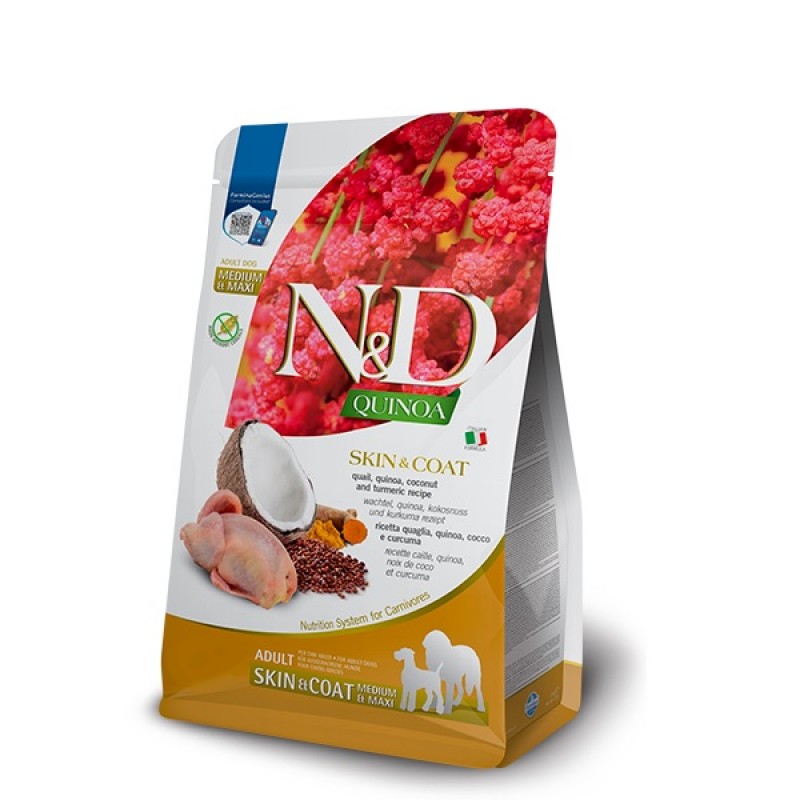 N&D Quinoa Canine Adult Medium&Maxi Skin&Coat Quail /Пълноценна Храна За Израснали Кучета Средни И Едри Породи За Красива Козина И Здрава Кожа С Пъдпъдък И Киноа/-2,5кг N&D Quinoa Canine Adult Medium&Maxi Skin&Coat Quail /Пълноценна Храна За Израснали Кучета Средни И Едри Породи За Красива Козина И Здрава Кожа С Пъдпъдък И Киноа/-2,5кг