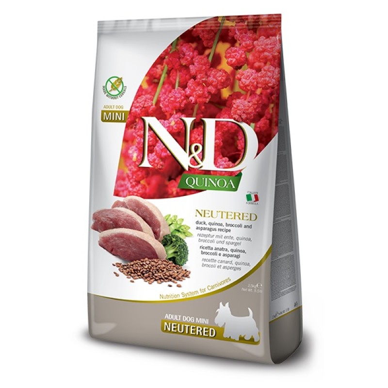 N&D Quinoa Canine Adult Mini Neutered /Пълноценна Храна За Израснали Кастрирани Кучета Дребни Породи С Патешко Месо Киноа Броколи И Аспержи/-800гр N&D Quinoa Canine Adult Mini Neutered /Пълноценна Храна За Израснали Кастрирани Кучета Дребни Породи С Патешко Месо Киноа Броколи И Аспержи/-800гр