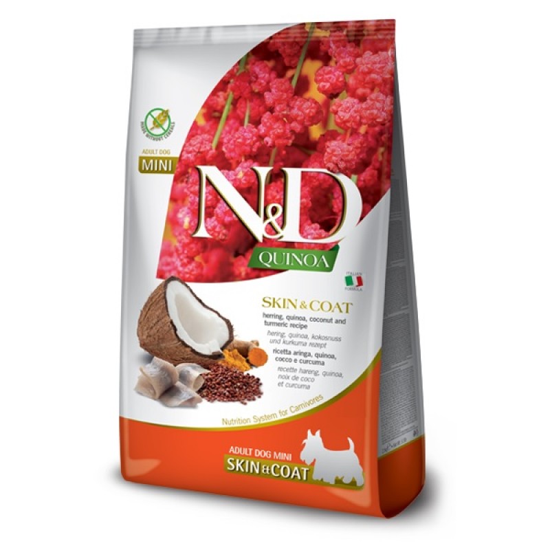 N&D Quinoa Canine Adult Mini Skin&Coat Herring /Пълноценна Храна За Израснали Кучета Дребни Породи За Красива Козина И Здрава Кожа С Херинга И Киноа/-7кг