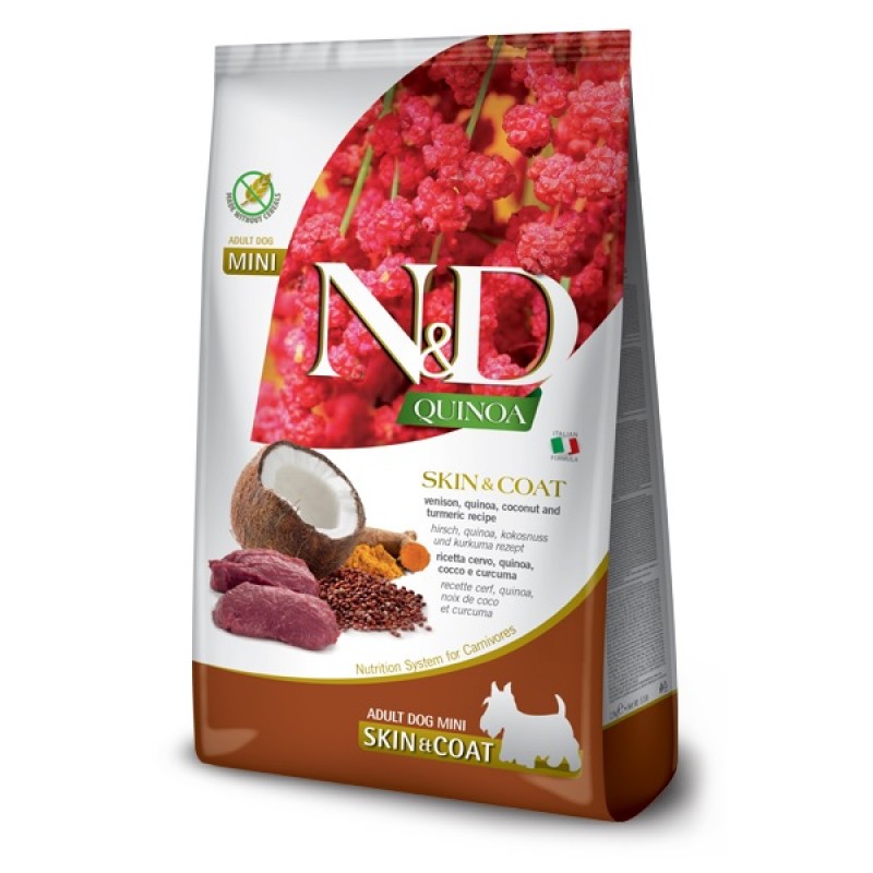N&D Quinoa Canine Adult Mini Skin&Coat Venison /Пълноценна Храна За Израснали Кучета Дребни Породи За Красива Козина И Здрава Кожа С Еленско Месо И Киноа/-7кг N&D Quinoa Canine Adult Mini Skin&Coat Venison /Пълноценна Храна За Израснали Кучета Дребни Породи За Красива Козина И Здрава Кожа С Еленско Месо И Киноа/-7кг