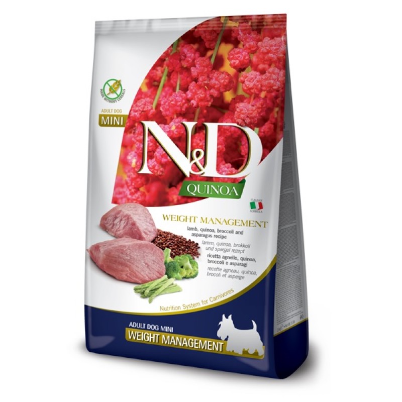 N&D Quinoa Canine Adult Mini Weight Management Lamb /Пълноценна Храна За Израснали Кучета Дребни Породи Склонни Към Напълняване С Агнешко Месо И Киноа/-800гр
