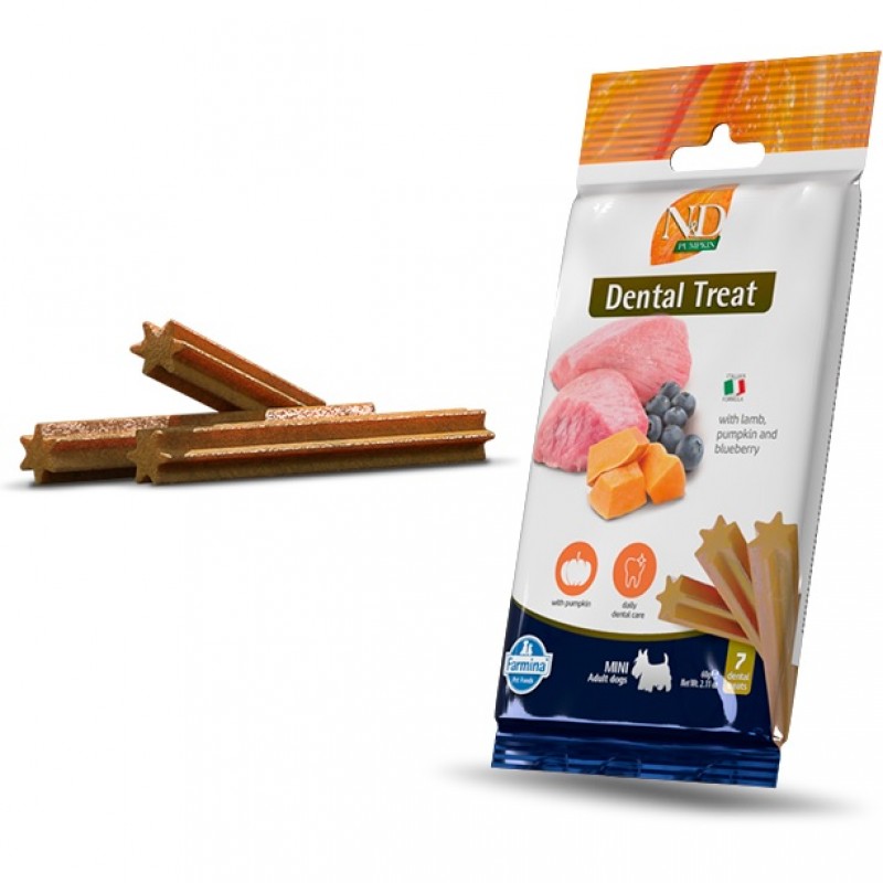 N&D Pumpkin Dental Treat Lamb Pumpkin&Blueberry Adult Mini /Дентални Лакомства За Кучета Дребни Породи С Агнешко Месо Тиква И Боровинки/-7бр N&D Pumpkin Dental Treat Lamb Pumpkin&Blueberry Adult Mini /Дентални Лакомства За Кучета Дребни Породи С Агнешко Месо Тиква И Боровинки/-7бр