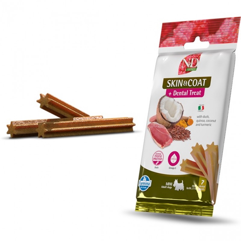 N&D Quinoa Dental Treat Skin&Coat Duck Adult Mini /Дентални Лакомства За Кучета Дребни Породи За Красива Козина И Здрава Кожа С Патешко Месо И Киноа/-7бр N&D Quinoa Dental Treat Skin&Coat Duck Adult Mini /Дентални Лакомства За Кучета Дребни Породи За Красива Козина И Здрава Кожа С Патешко Месо И Киноа/-7бр