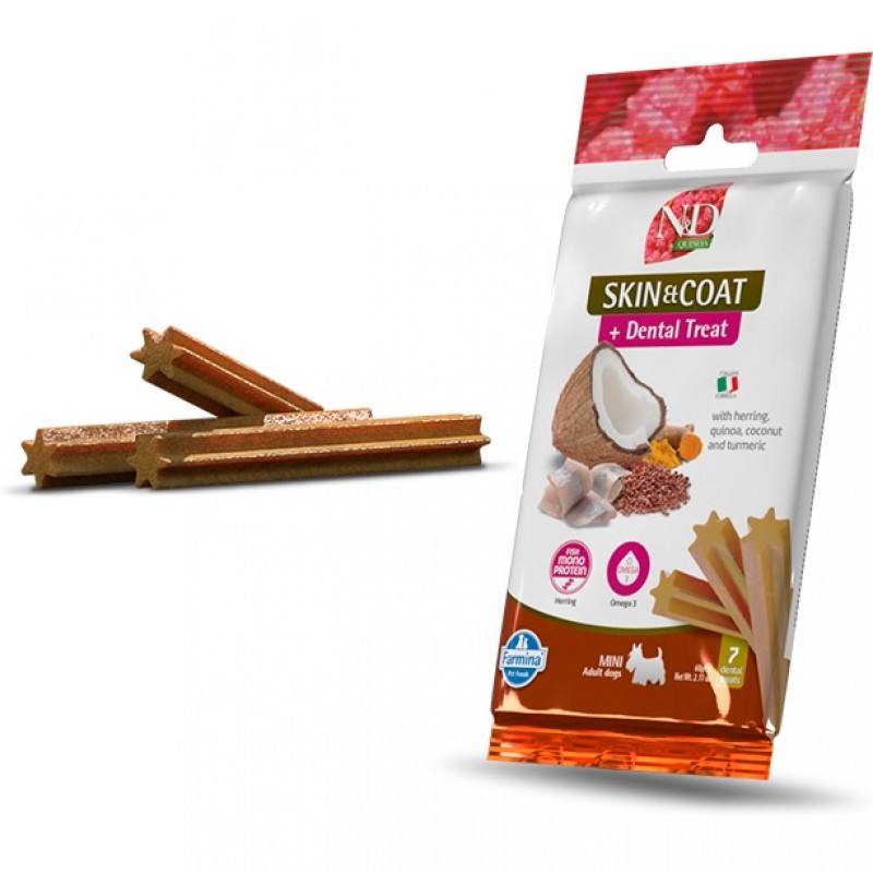 N&D Quinoa Dental Treat Skin&Coat Herring Adult Mini /Дентални Лакомства За Кучета Дребни Породи За Красива Козина И Здрава Кожа С Херинга И Киноа/-7бр N&D Quinoa Dental Treat Skin&Coat Herring Adult Mini /Дентални Лакомства За Кучета Дребни Породи За Красива Козина И Здрава Кожа С Херинга И Киноа/-7бр