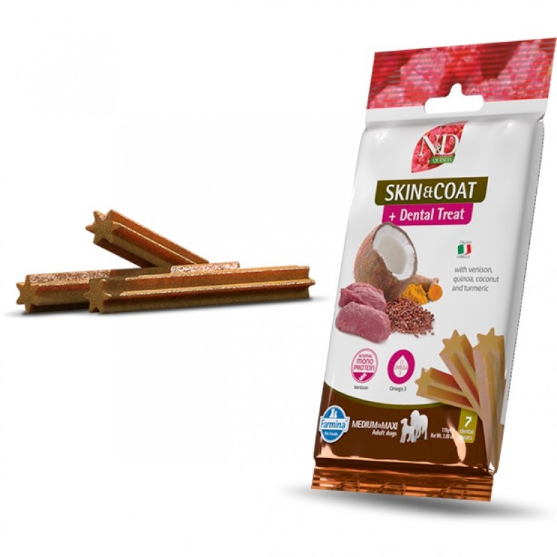 N&D Quinoa Dental Treat Skin&Coat Venison Adult Medium&Maxi /Дентални Лакомства За Кучета Средни И Едри Породи За Красива Козина И Здрава Кожа С Еленско Месо И Киноа/-7бр