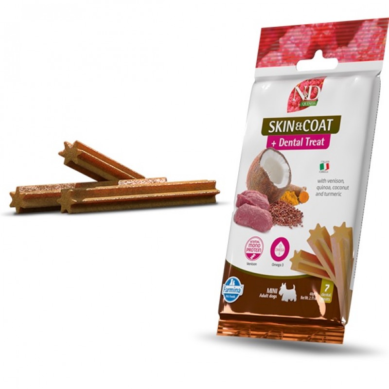 N&D Quinoa Dental Treat Skin&Coat Venison Adult Mini /Дентални Лакомства За Кучета Дребни Породи За Красива Козина И Здрава Кожа С Еленско Месо И Киноа/-7бр N&D Quinoa Dental Treat Skin&Coat Venison Adult Mini /Дентални Лакомства За Кучета Дребни Породи За Красива Козина И Здрава Кожа С Еленско Месо И Киноа/-7бр