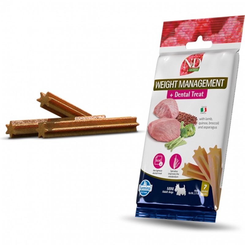 N&D Quinoa Dental Treat Weight Management Adult Mini /Дентални Лакомства За Кучета Дребни Породи Склонни Към Напълняване С Агнешко Месо Киноа И Аспержи/-7бр
