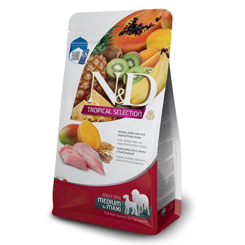N&D Tropical Selection Canine Adult Medium&Maxi Chicken And Tropical Fruits /Пълноценна Храна За Израснали Кучета Средни И Едри Породи С Пилешко Месо Спелта Овесени Ядки И Тропически Плодове/-10кг