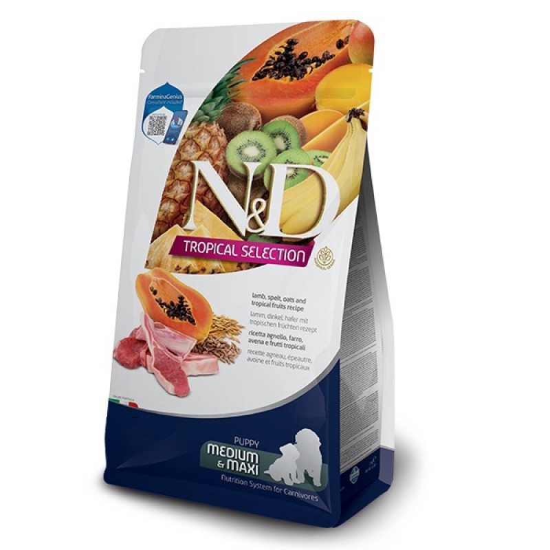 N&D Tropical Selection Canine Puppy Medium&Maxi Lamb And Tropical Fruits /Пълноценна Храна За Подрастващи Кученца Бременни Или Кърмещи Кучета Средни И Едри Породи С Агнешко Месо Спелта Овесени Ядки И Тропически Плодове/-2кг N&D Tropical Selection Canine Puppy Medium&Maxi Lamb And Tropical Fruits /Пълноценна Храна За Подрастващи Кученца Бременни Или Кърмещи Кучета Средни И Едри Породи С Агнешко Месо Спелта Овесени Ядки И Тропически Плодове/-2кг