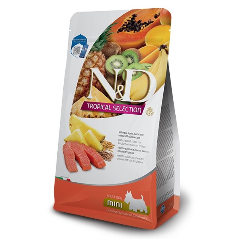 N&D Tropical Selection Canine Adult Mini Salmon And Tropical Fruits /Пълноценна Храна За Израснали Кучета Дребни Породи Със Сьомга Спелта Овесени Ядки И Тропически Плодове/-1,5кг N&D Tropical Selection Canine Adult Mini Salmon And Tropical Fruits /Пълноценна Храна За Израснали Кучета Дребни Породи Със Сьомга Спелта Овесени Ядки И Тропически Плодове/-1,5кг